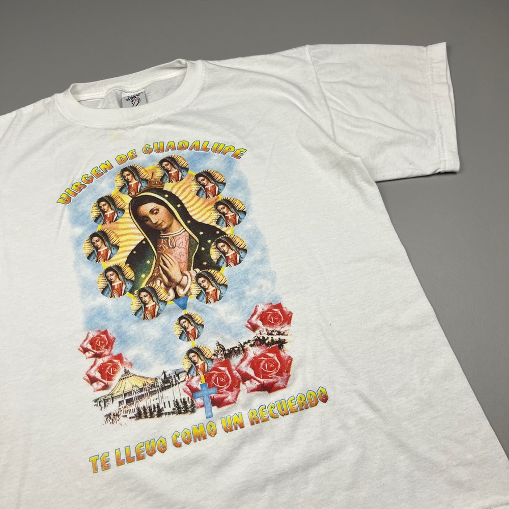 Jesus T-Shirt Mens Unitalla Fits Large White Virgen De Guadalupe Mexico Vintage